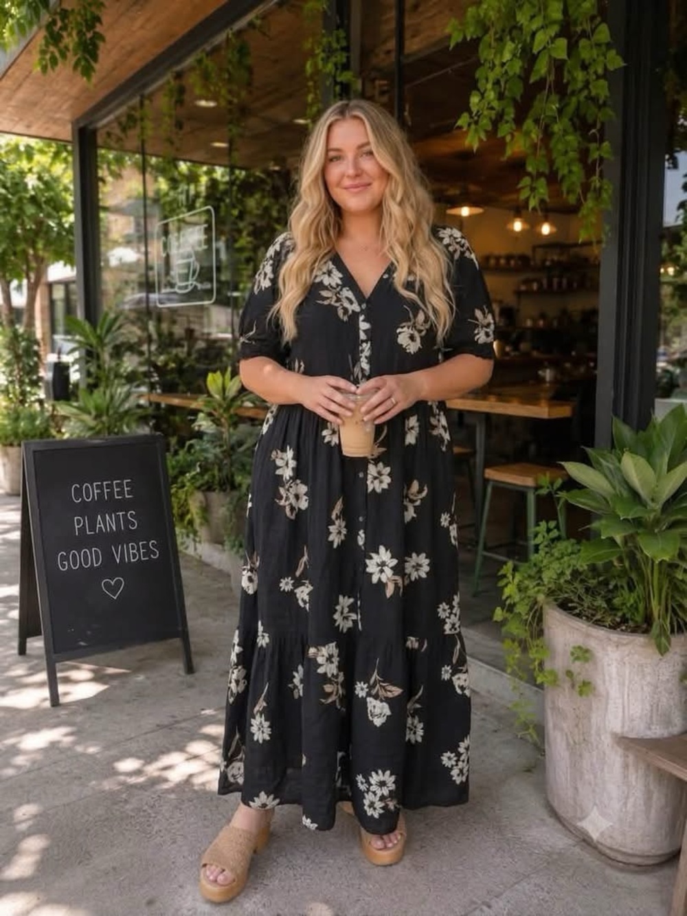 Bundle of 2 Sonoma Plus-Size Black Floral /Fushia Maxi Dress with V-Neck cotton